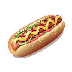 Isolated grilled beef frankfurter in a bun with mustard and ketchup is a classic fast food lunch snack
