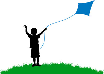 Silhouette of child flying blue kite on green hill. Happy boy outdoor play, summer freedom and childhood fun illustration