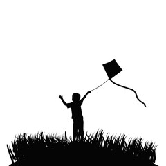 Silhouette of child flying kite on grassy hill. Happy boy playing outdoors and summer freedom. Childhood joy illustration, wind and sky leisure concept design