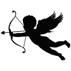 Silhouette of flying cupid with bow and arrow. Love and romance symbol, Valentine’s Day angel illustration and heart shooting cherub artwork design