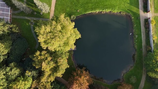 View on a park from the top with little lake
