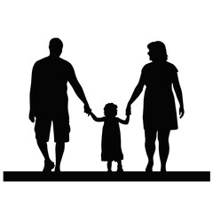 Silhouette of family walking together holding hands, father, mother and child bonding. Parent love and unity, happy family lifestyle illustration, family care and togetherness concept