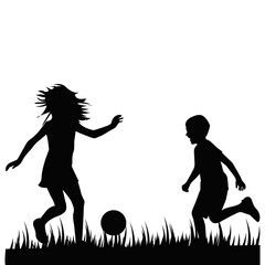 Silhouette of children playing soccer outdoors. Happy kids kicking ball on grass field in summer sunset, childhood fun activity, teamwork and outdoor play illustration