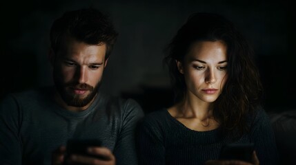 Obraz premium A couple sits in a dark room absorbed in their mobile phones showcasing digital disconnect and unspoken tension in their relationship