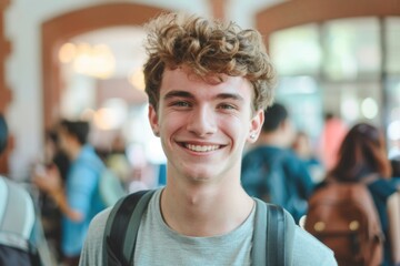 Fototapeta premium Smiling young man in a busy environment