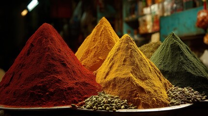 Vibrant display of colorful spices in a market setting