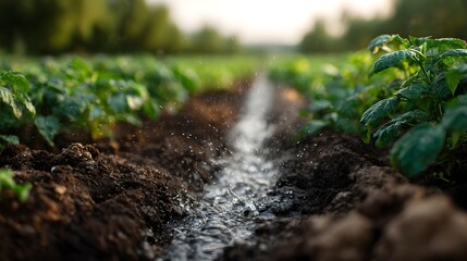 Irrigation furrow with flowing water nourishes green crops in a sunlit farm field promoting healthy growth and sustainability