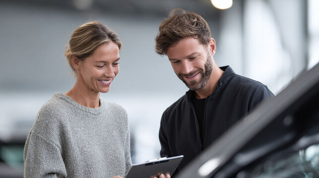 Friendly car dealership interaction. A smiling woman and a salesman review details. Concept for trust, customer service, purchase decisions. Automotive applications.