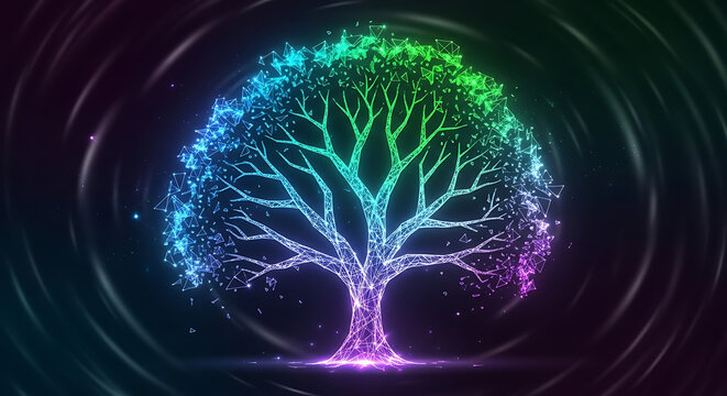 A digital tree with colorful leaves and branches against a dark swirling background design element