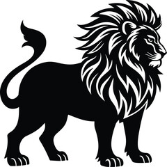 Obraz premium Majestic lion silhouette vector, powerful standing male lion with thick mane, black and white animal mascot logo for sports and branding