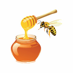 Honey bee with honey jar and wooden dipper on white background