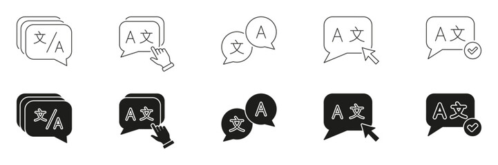 Speech Bubble For Language Translation Line And Solid Icon Set. Communication And Translation Services Symbol Collection. Language Exchange And Interpretation. Isolated Vector Illustration