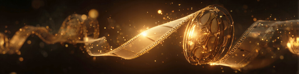 A stunning, three-dimensional representation of a golden film reel and strip, dramatically unspooling and swirling with glowing, ethereal particles and bokeh lights against a dark background. © valeo5