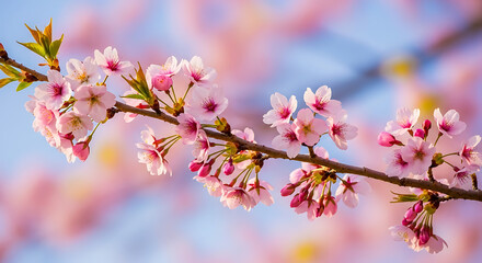 Obraz premium A close up of a blooming cherry blossom branch against a soft blurred background in springtime