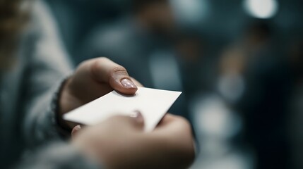 Close up view of two individuals exchanging a blank white business card representing professional networking communication and new connections