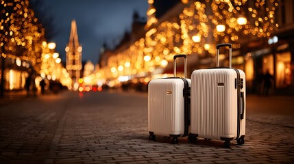 Warm and inviting photograph of two stylish, white suitcases standing on a city street at night, with a background of blurred Christmas lights.