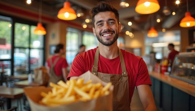 Happy young man gives takeaway order with french fries at fast food restaurant. Smiling waiter in apron serves customer at cafe counter. Employee works in eatery providing friendly service. Barista