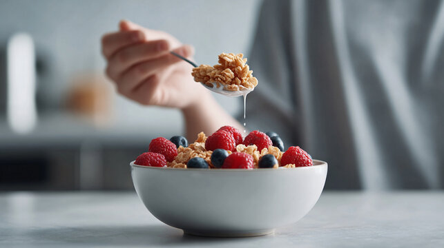 A healthy breakfast bowl overflowing with cereal and fresh berries, showcasing a nutritious start to the day. Food, wellness,  lifestyle themes.
