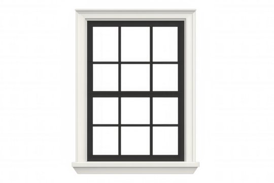 White classic sash window frame with transparent glass panes for architectural design and building renovation
