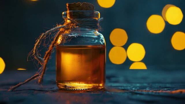 A single bottle of honey placed on a table with no other objects or distractions