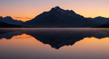 Fototapeta premium Majestic mountain silhouette reflecting in tranquil lake waters during a vibrant sunset with copy space
