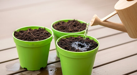 Watering Green Potted Seedlings on Wooden Table
