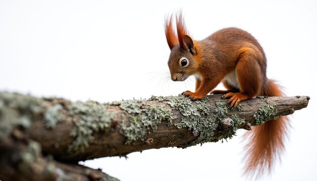 Red squirrel sits on mossy tree branch. Small wild animal with bushy tail looks down. Furry rodent is alert in natural forest habitat background. Cute mammal pauses. - Powered by Adobe