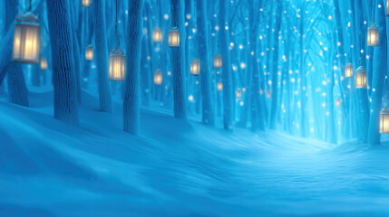 A tranquil winter scene unfolds in a deep blue forest, where softly glowing lanterns hang from trees, casting a warm light over the snowy ground, creating a serene and magical atmosphere