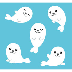 Cute White Baby Seals With Black Eyes And Pink Cheeks In Various Playful Poses On A Solid Blue Background