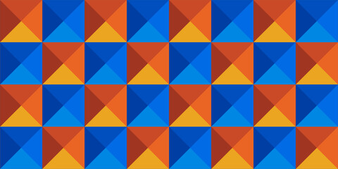 Colorful geometric seamless pattern with triangles in blue, orange, yellow, and red tones creating a vibrant abstract background.