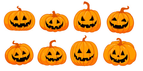 Carved pumpkins, Halloween vector cartoon spooky creepy funny pumpkins set