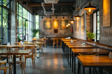 Fototapeta premium Modern restaurant interior with wooden tables and warm lighting