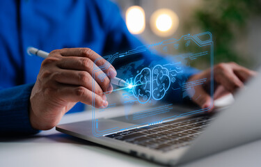 Businessman tools uses AI technology analyzing financial data stock market. AI learning and business artificial intelligence. Document data management on network, cybersecurity, digital transformation