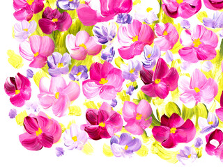 Pink and purple abstract flowers, original hand drawn, impressionism style, color texture, brush strokes of paint, art background.