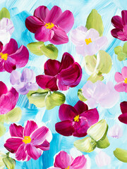 Abstract pink flowers on blue, original hand drawn, impressionism style, color texture, brush strokes of paint, art background.