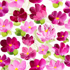 Seamless pattern of abstract pink flowers, original hand drawn, impressionism style, color texture, brush strokes of paint, art background