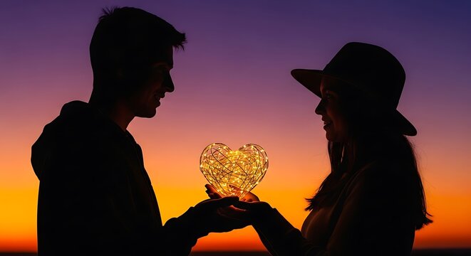 Romantic Sunset Sunset Silhouette of a Couple Sharing Heart Shape Light