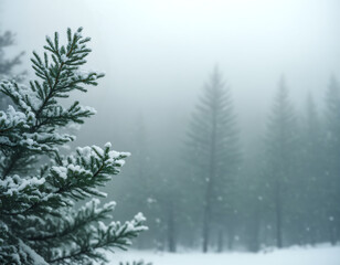 Snowy evergreen branch foreground against a misty winter forest background. Focus on fresh snow, cool tones, and tranquil solitude.