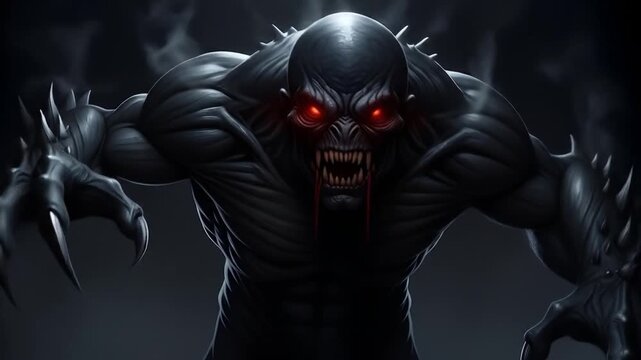 Terrifying Dark Monster with Glowing Red Eyes and Sharp Claws Emerging from Shadows.