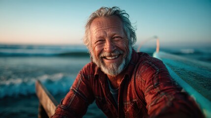 An adventurous elderly man with a beard and gray hair joyfully laughs by the ocean, capturing a moment of pure happiness and connection with nature as waves roll behind him.