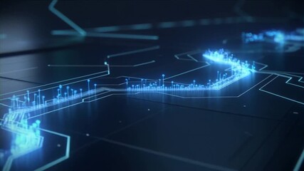 Abstract digital data flow with glowing blue particles on circuit board technology. - Powered by Adobe