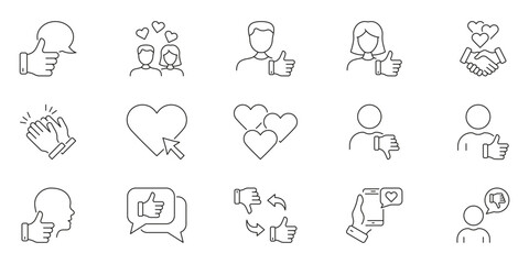 Social Media Interaction And Feedback Line Icon Set. Engagement, Communication, Approval Outline Symbol Collection Thumbs Up, Hearts, And Handshake. Editable Stroke. Isolated Vector Illustration