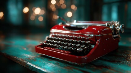 This captivating vintage red typewriter stands out against a rustic wooden background, symbolizing the charm of classic writing equipment and nostalgia for the written word.