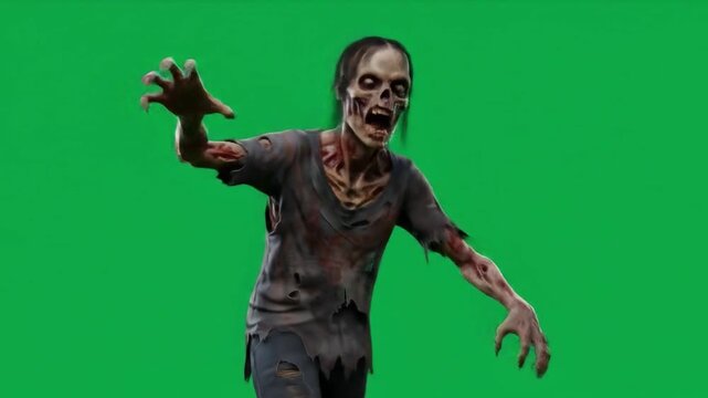 Terrifying Zombie with outstretched arms on green screen background.