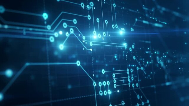 Close-up of a Blue Glowing Circuit Board with Detailed Pathways and Nodes technology futuristic.