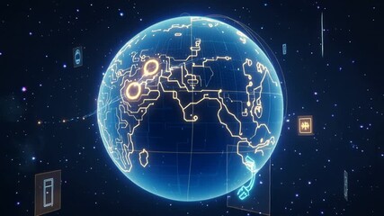 Digital globe of Africa with glowing circuit lines and surrounding technology icons in space earth. - Powered by Adobe