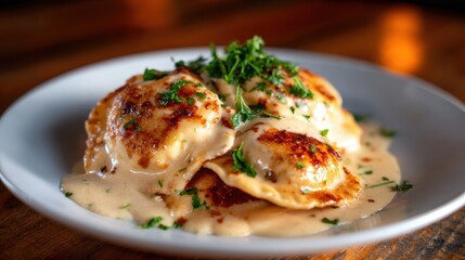 A plate of golden ravioli topped with creamy sauce and fresh herbs, presenting an appetizing and elegant dish that showcases culinary artistry.