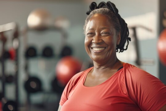 Smiling senior woman in gym wearing red shirt - Powered by Adobe