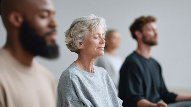 Diverse group meditating, finding inner peace and mindfulness. Wellbeing concept, perfect for health, lifestyle, and corporate wellness campaigns. - Powered by Adobe