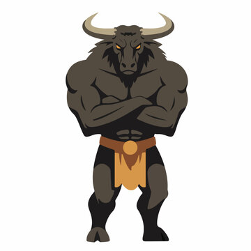Flat Illustration Strong Muscular Minotaur Mythical Creature Mascot Character Graphic